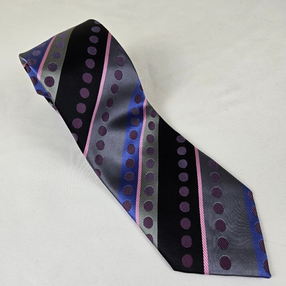 BCBG Attitude 100% Silk Men's Tie Black Gray Blue Pink Stripes Polka Dots